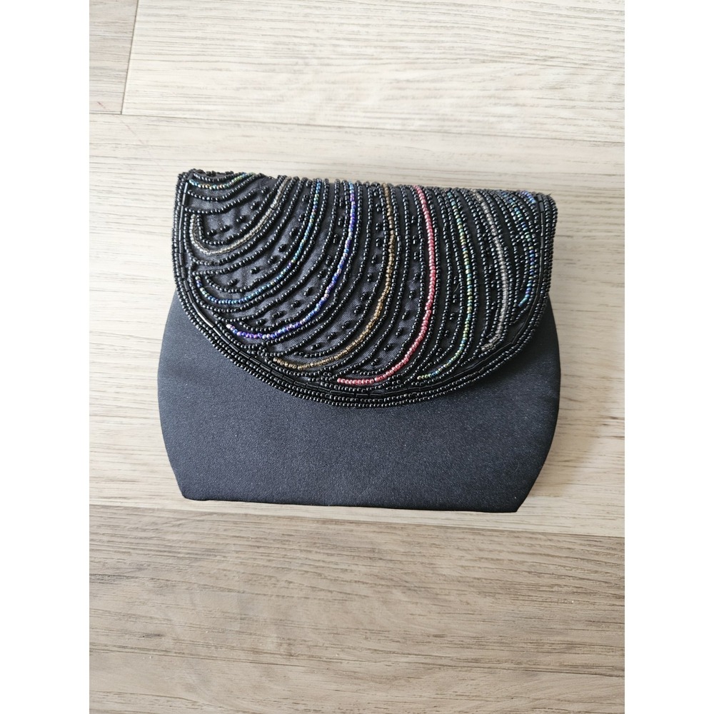 Vintage Black Beaded Evening Bag Multi Color Shimmer Seed Bead Clutch Purse